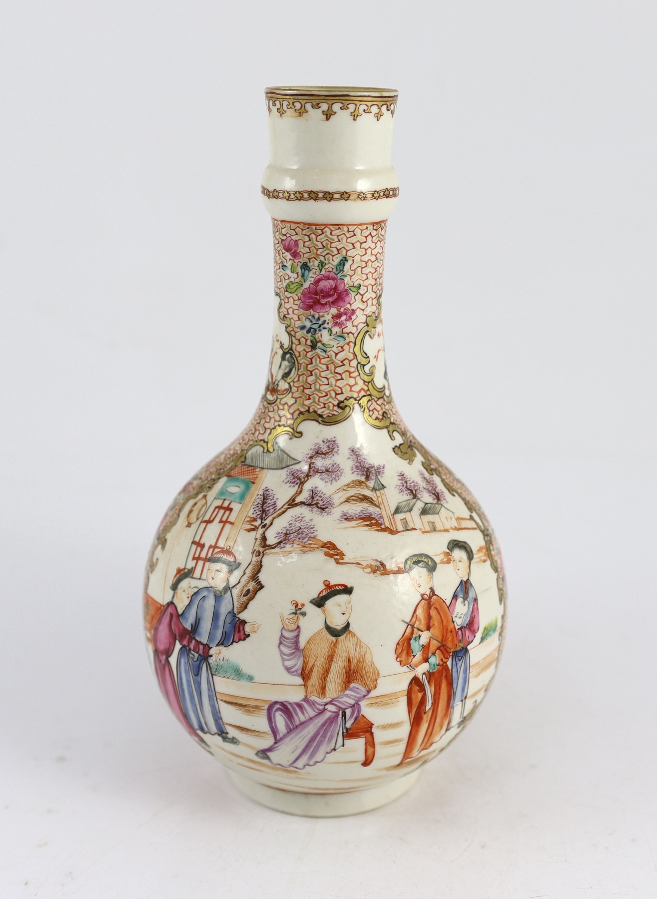 A Chinese enamelled porcelain Mandarin pattern water bottle (guglet) and basin, Qianlong period